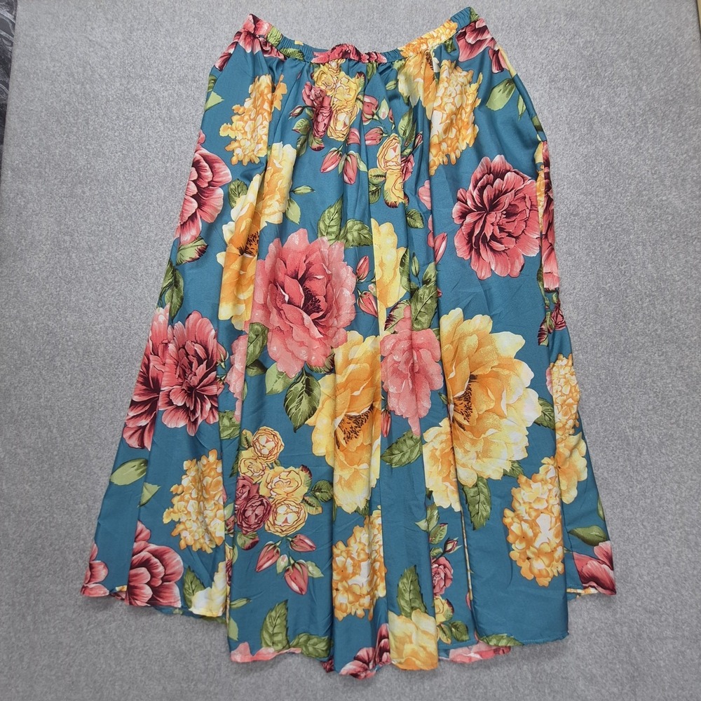Mix Nouveau‎ Long Skirt Womens XL Teal Floral A-Line Maxi Pull On Boho Festival